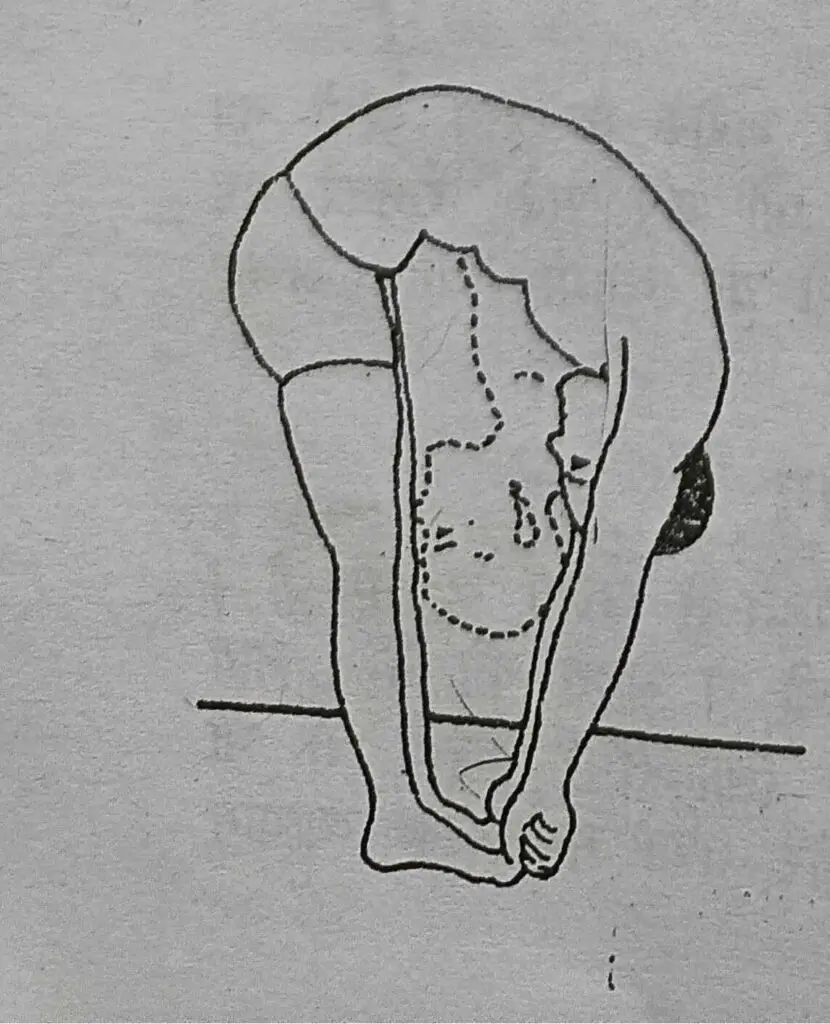 A drawing of a man bending over in a dynamic pose, showcasing movement and flexibility Hand to Foot Pose 