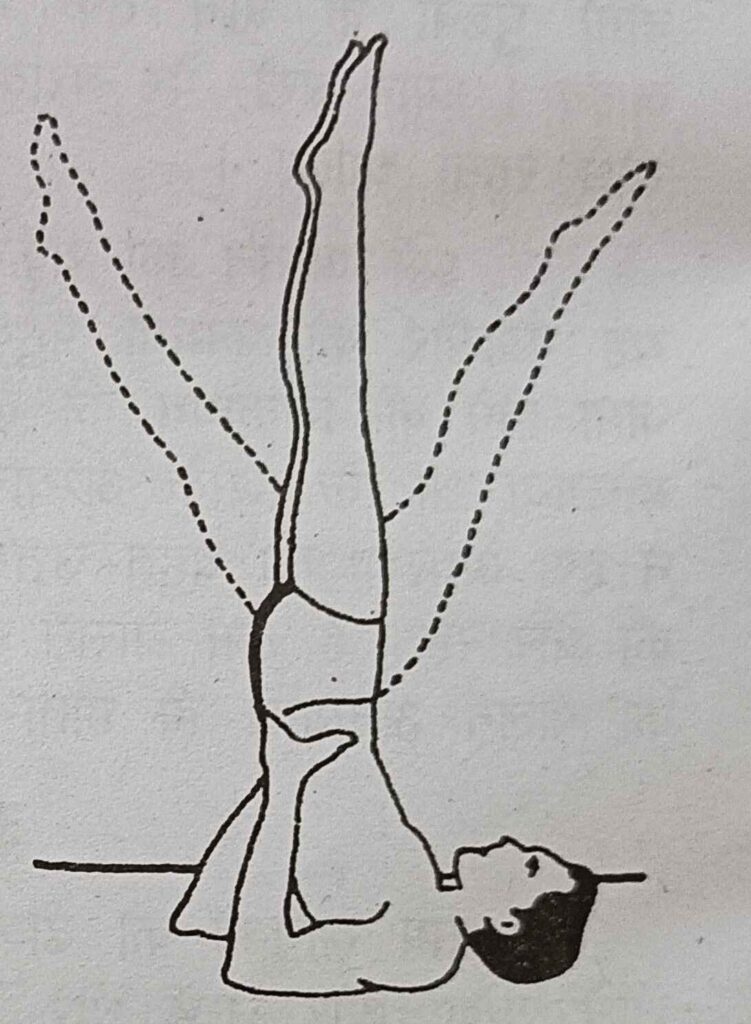  A drawing of a man performing a side shoulder stand pose, balancing on his hands with legs extended upward.