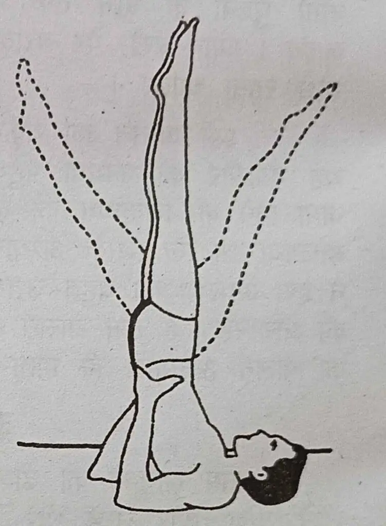  A drawing of a man performing a side shoulder stand pose, balancing on his hands with legs extended upward.