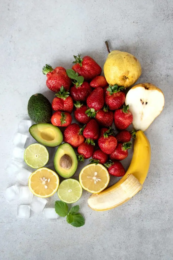 An assortment of fresh fruits and vegetables displayed in a circle, emphasizing their freshness and diversity.