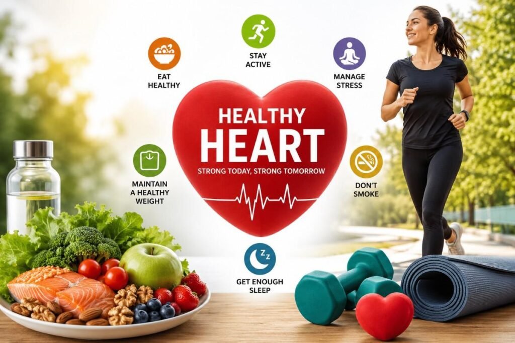 Healthy heart graphic with a large red heart in the centre, surrounded by icons representing healthy habits: eat healthy, stay active, manage stress, don't smoke, maintain a healthy weight, and get enough sleep. Images of fruits, vegetables, salmon, nuts, dumbbells, and yoga mat are included in the design. Ways to prevent heart attack.