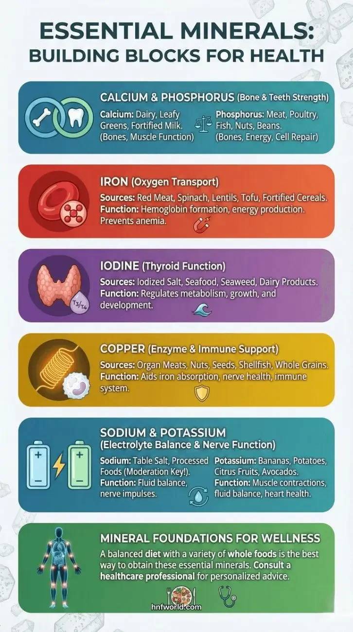Essential minerals arranged as building blocks, symbolizing their importance for overall health and well-being