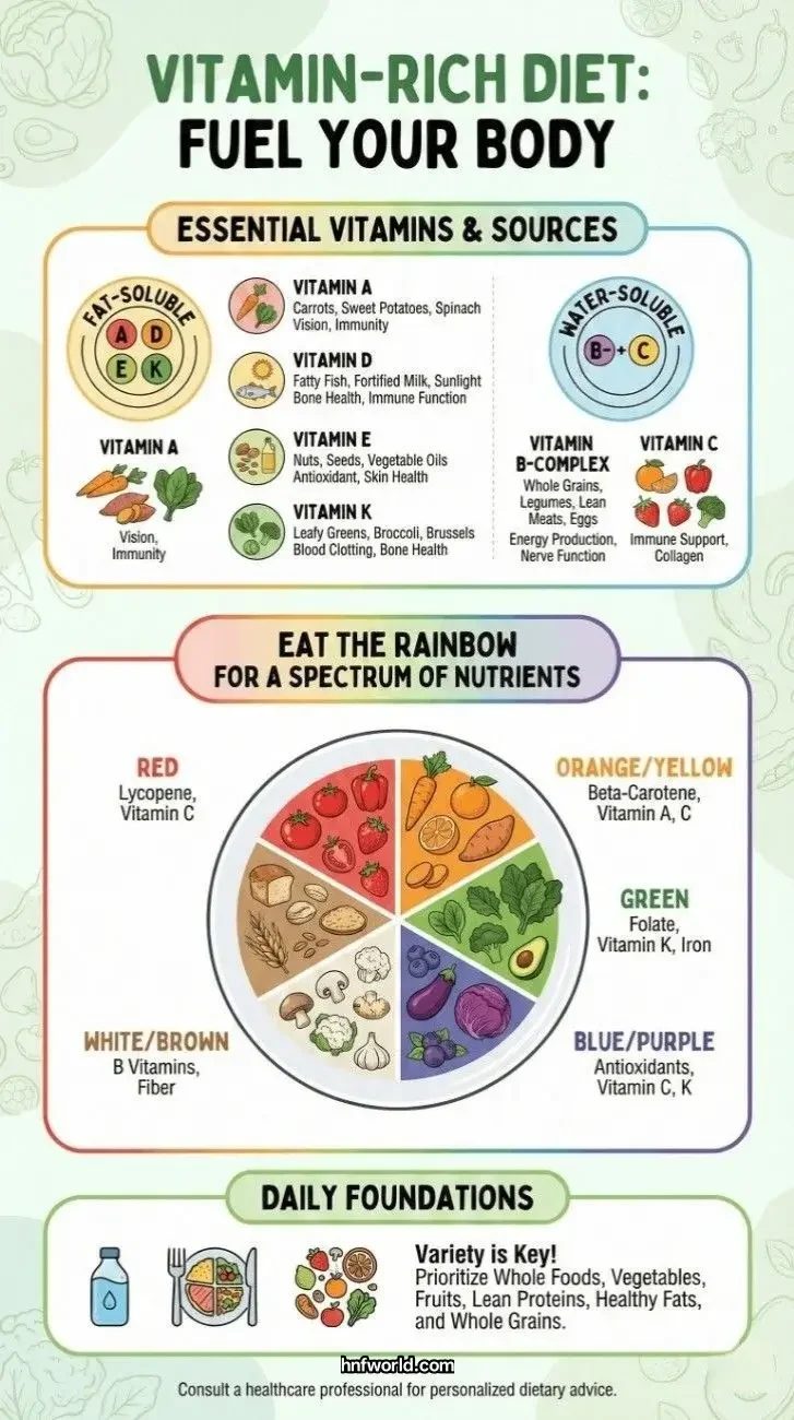 A colorful spread of fruits and vegetables representing a vitamin-rich diet to fuel the body’s health and energy.